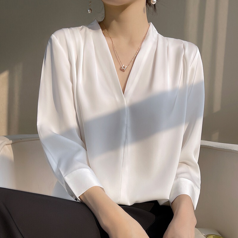 Mulberry Silk Long-Sleeved Shirt for Women Early Spring 2023 Spring New Style Fashionable Top Satin Chiffon V Neck Work Clothing Mulberry Silk Long-Sleeved Shirt for Women Early Spring 2023 Spring New Style Fashionable Top Satin Chiffon V Neck Work Clothing