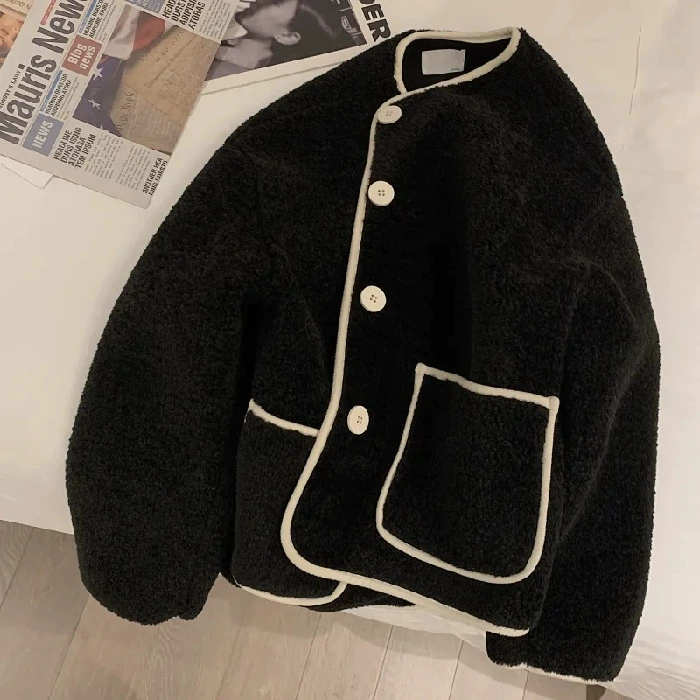Демисезонная бархатная куртка, корейский oversize с круглым воротом, утолщенная, хаки/черный/бежевый