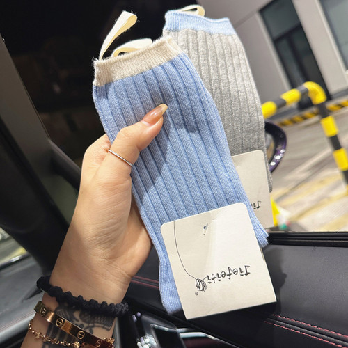 Korean Autumn/Winter New Double-Needle Colorblocked Fabric Label Socks for Men and Women, Ins Trendy Niche Collaborative Socks, Pure Cotton Mid-Calf Socks