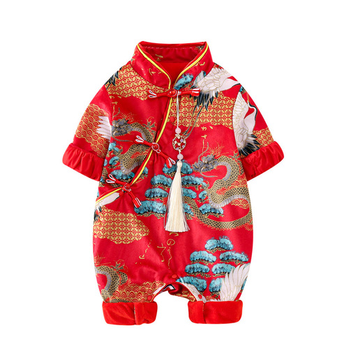 Baby clothes, spring, autumn and winter, male and female dragon baby onesies, princess Chinese style cheongsam, full moon one-year-old dress