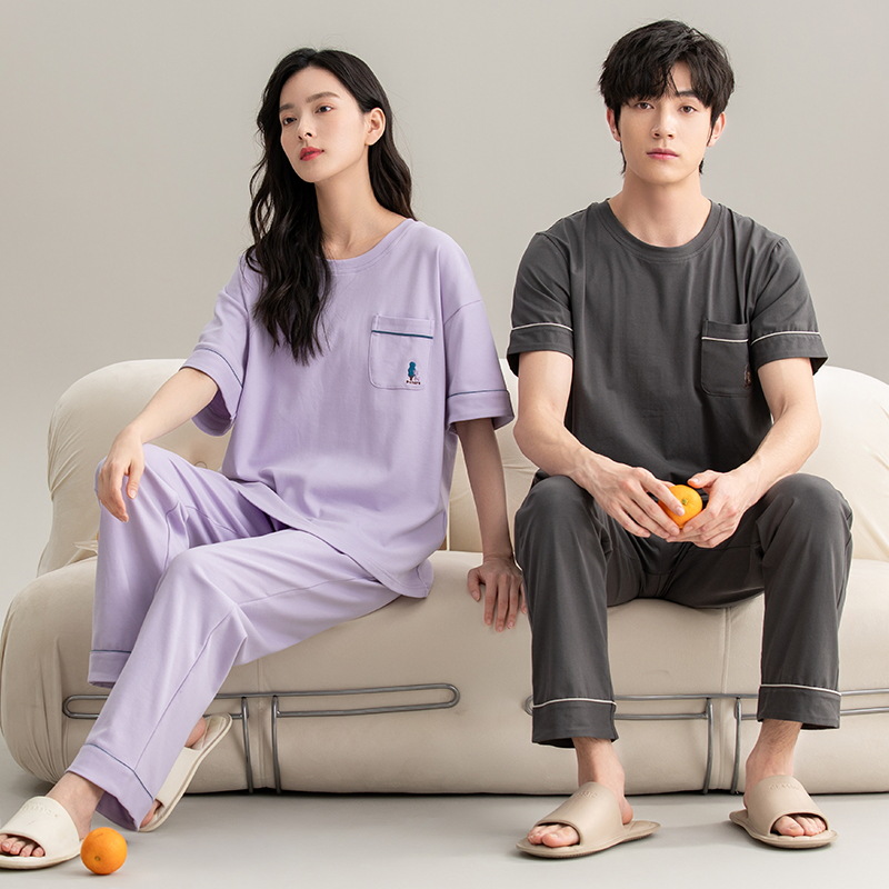 Pijamas de pareja de verano, algodón puro, manga corta, pantalones largos, estilo veraniego para hombre y mujer, estilo nuevo y sencillo para el hogar, estilo primavera y otoño 2025