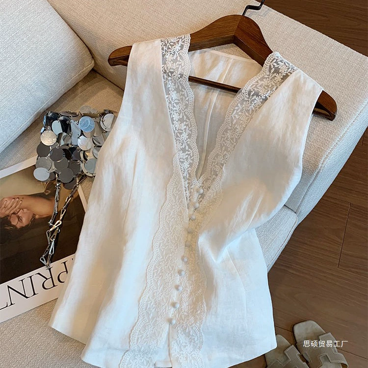 Белый кружевной льняной воротник без рукавов для женщин, летняя новая мода, нежный утягивающий жилет во французском стиле для женщин