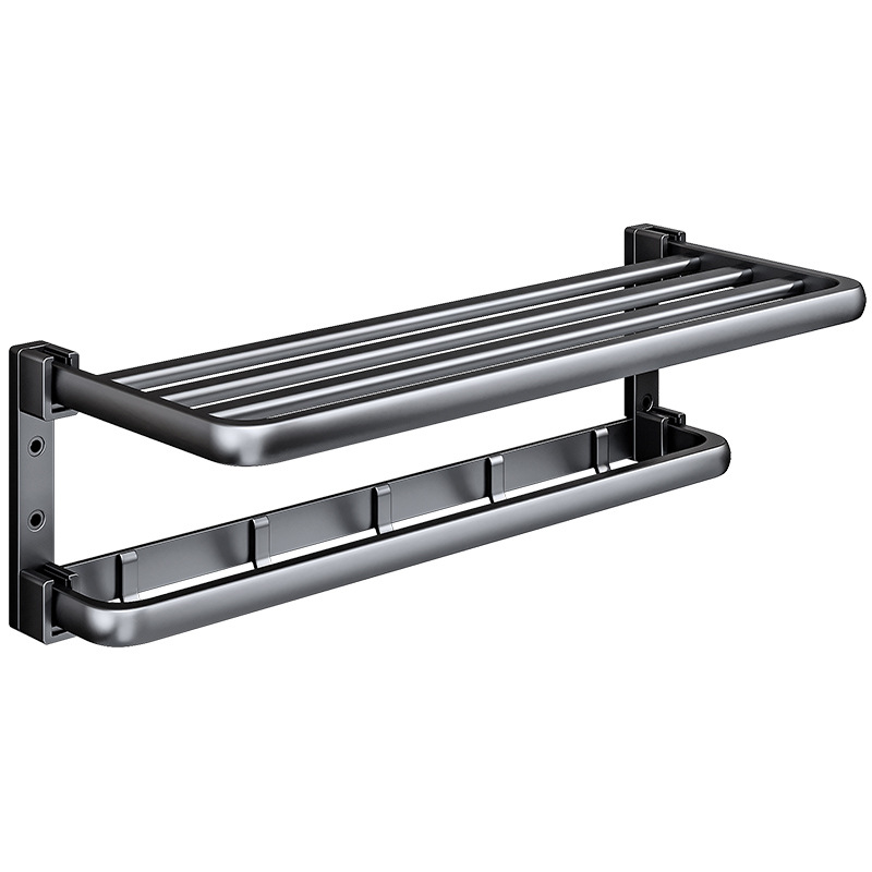Rack de toallas negras sin perforación espacio de aluminio estantería de baño doble plegable rack de toallas de baño colgante de pared
