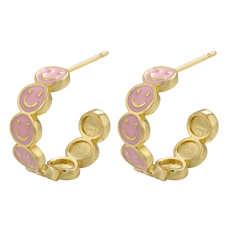 Colorful dripping smiley face C-shaped 18K gold-plated copper earrings