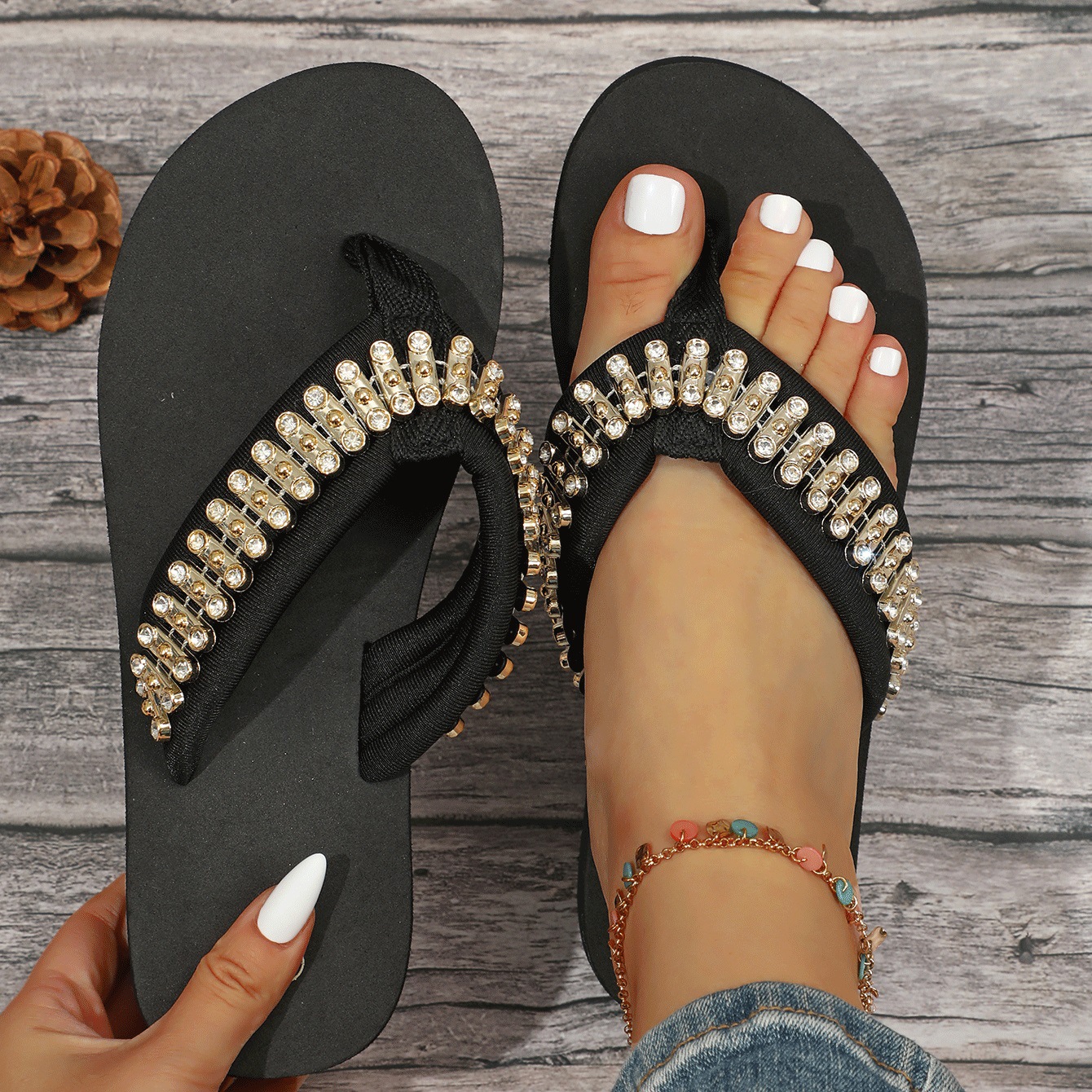 Frau Lässig Ferien Einfarbig Strass T-Strap Flip-Flops display picture 13