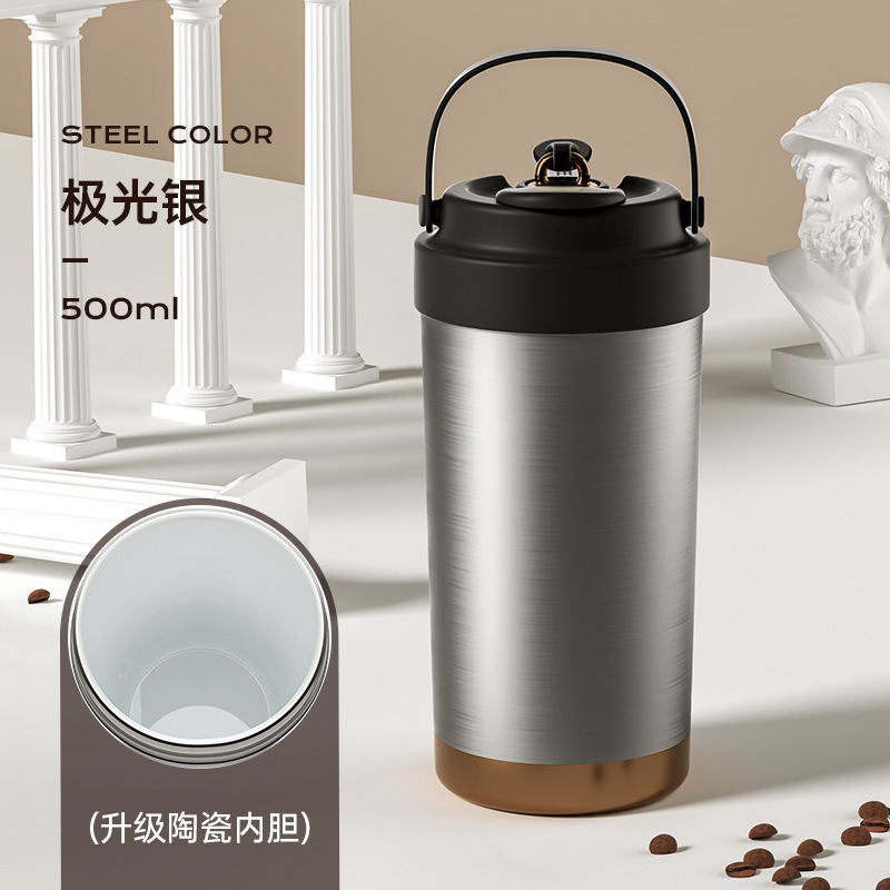 Taza de café de cerámica interior, taza de acero inoxidable portátil, taza de agua de lujo ligera, taza de paja de alta calidad