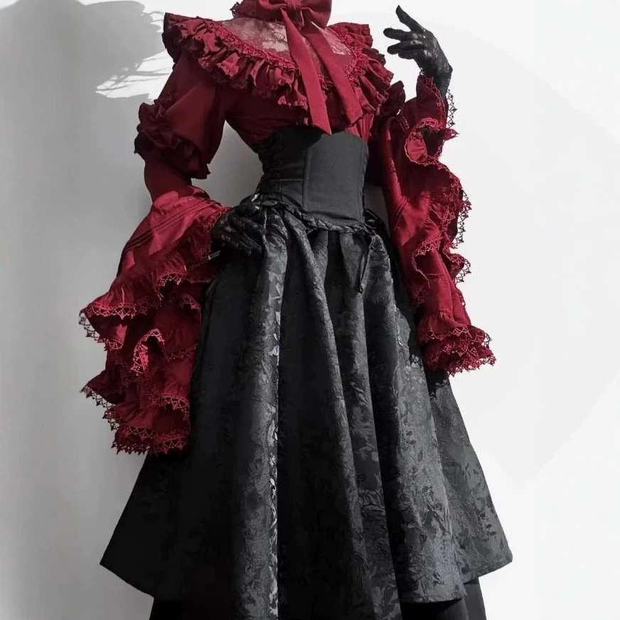 LOLITA Slimming Plus Size Gothic Dark French Cosplay Asian Style New Year's Battle Robe Skirt Two-Piece Set