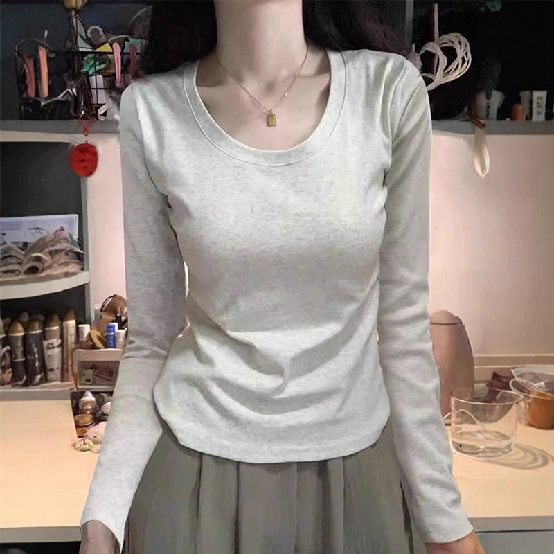 40 Count Cotton Right Shoulder Long-Sleeved T-Shirt New Round Neck Slim Basic Ins Pure Color Sexy Bottoming Slimming Look Top