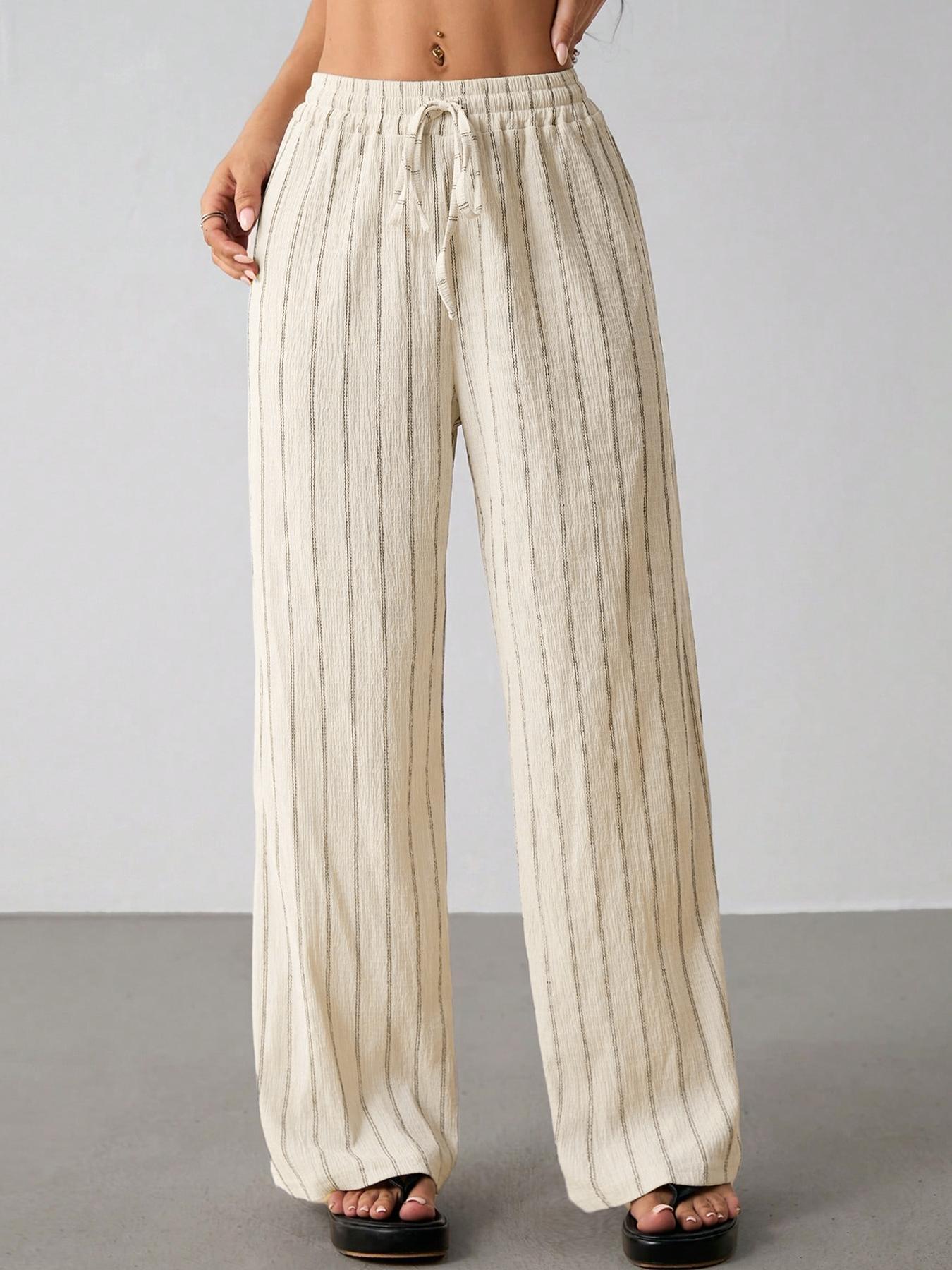 Damen Freizeithose Locker Gestreift Mit Elastischem Kordelzug_voghion.com