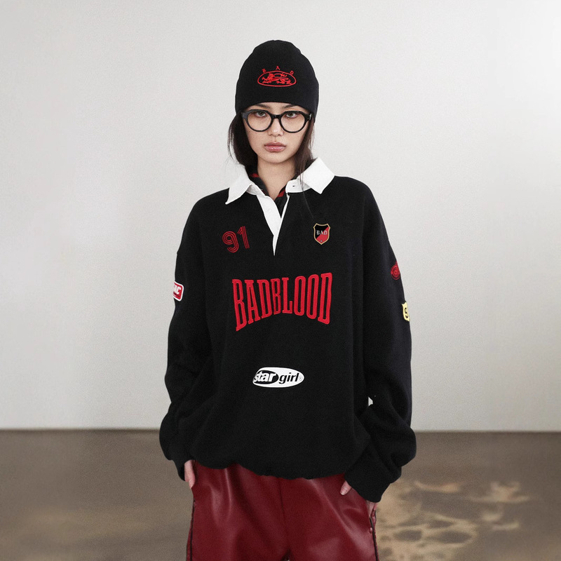 badblood Lapel Badge Contrast Color Sweater Women's American-style New Loose Embroidered Stitching Rugby Sweatshirt Trendy