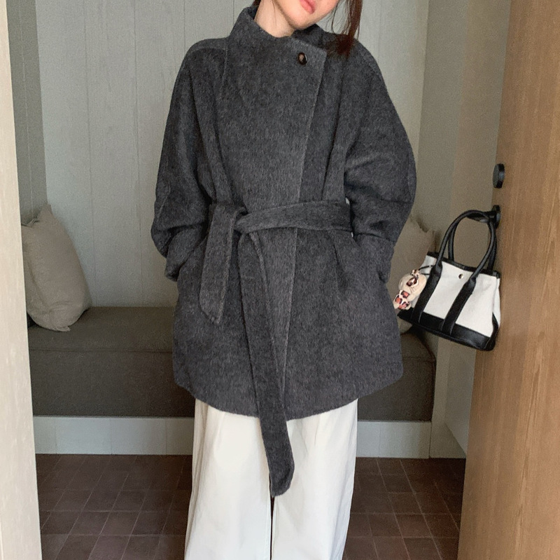 10% Yak Wool Double-Sided Wool Coat for Women, Short Style, One-Button Tie, Loose and Fashionable Woolen Coat