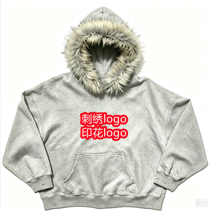 y2k European and American style oversized hooded sweatshirt with a large fur collar, featuring embroidery and prints, a retro-style outerwear piece, and a trendy streetwear look