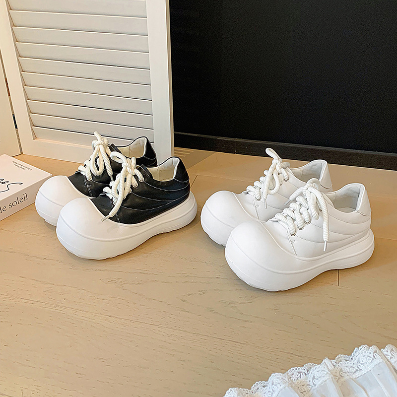 Giày sneaker nữ chunky đế dày da thật phối màu mũi to bản — màu đen, màu trắng