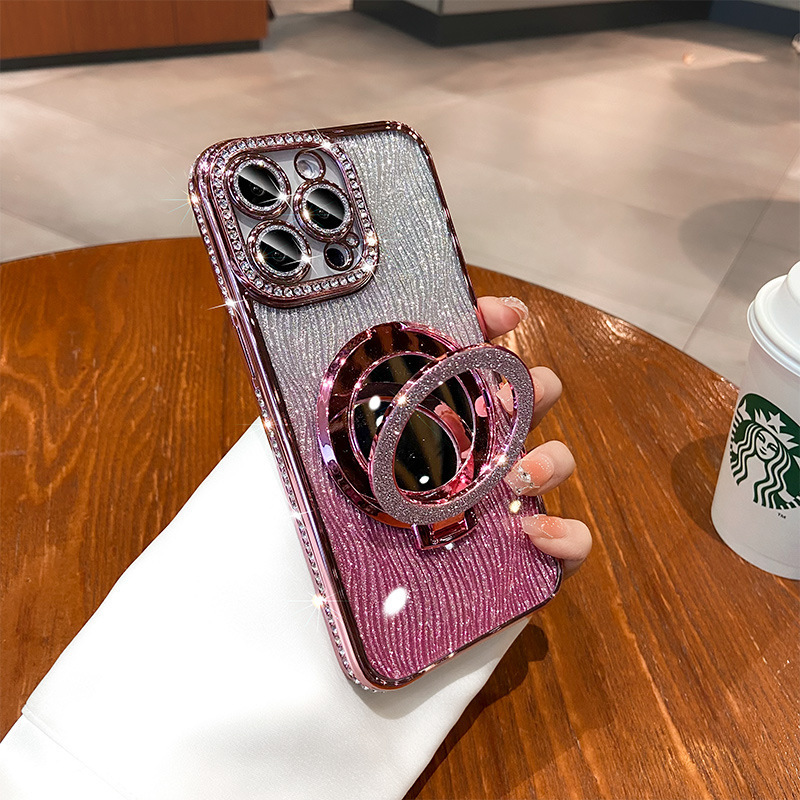 Apple 17PRO polvo de lujo de diamante para iPhone 16E caso de teléfono 15 agua ondulada espejo soporte de absorción