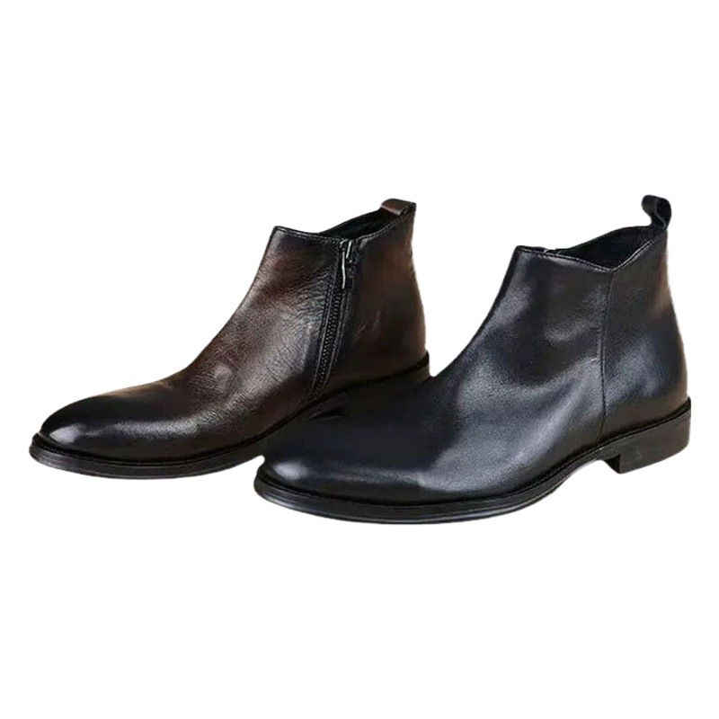 Genuine Leather Business Casual High-Top Leather Shoes, Black Vintage Chelsea Boots, Versatile British-Style Mid-Top Boots for Men, Made of Top-Grain Cowhide