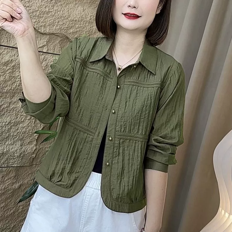 Женская рубашка с длинным рукавом, весна 2025, повседневный новый стиль, свободного кроя, стройнящая, для мам, молодежная, универсальная, уменьшающая возраст