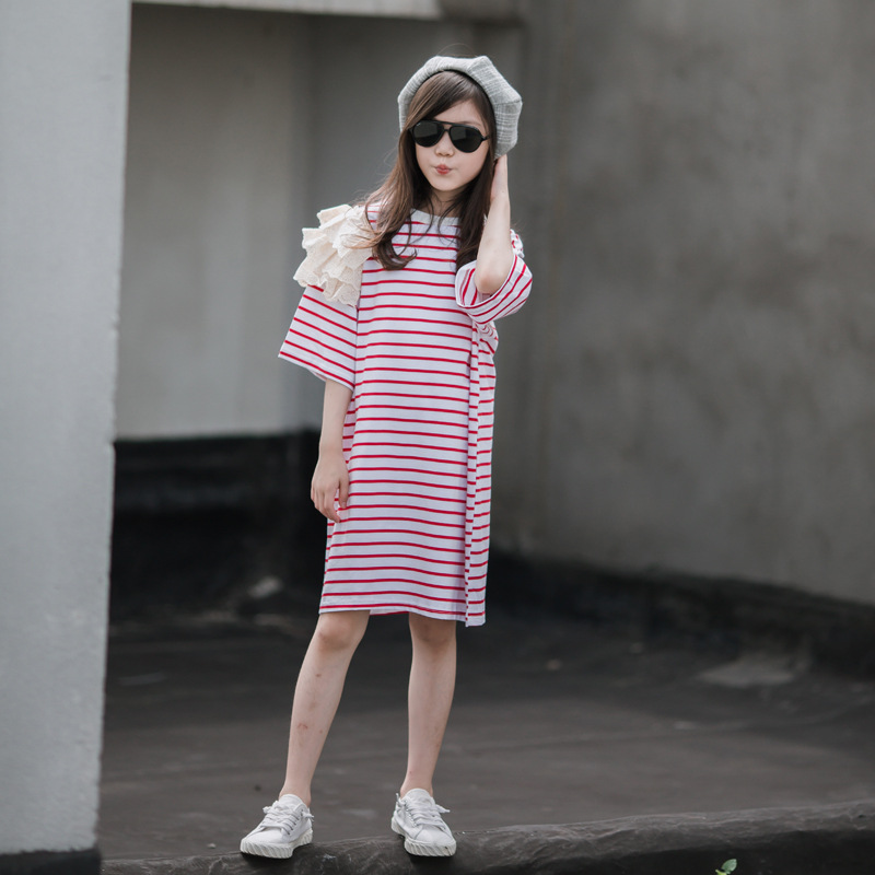 Niñas camiseta a rayas 2023 vestido de verano nueva ropa de los niños vestido largo occidental aire de manga corta bebé falda marea