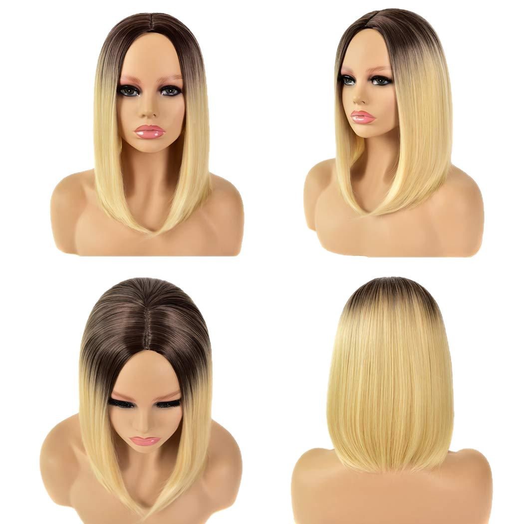 European American Style Short Straight Bob Synthetic Fiber Wig Full Head Center Parting Clip-in Hairpiece_voghion.com