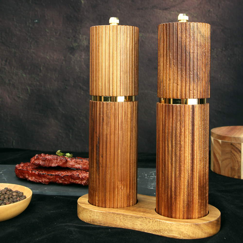 New acacia wood steel ring pepper grinder coarse salt black pepper seasoning bottle kitchen restaurant barbecue seasoning jar