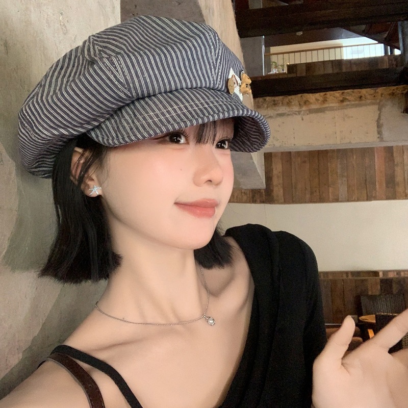 日系可爱小熊条纹贝雷帽女小众气质甜美百搭大头围显脸小画家帽子|undefined