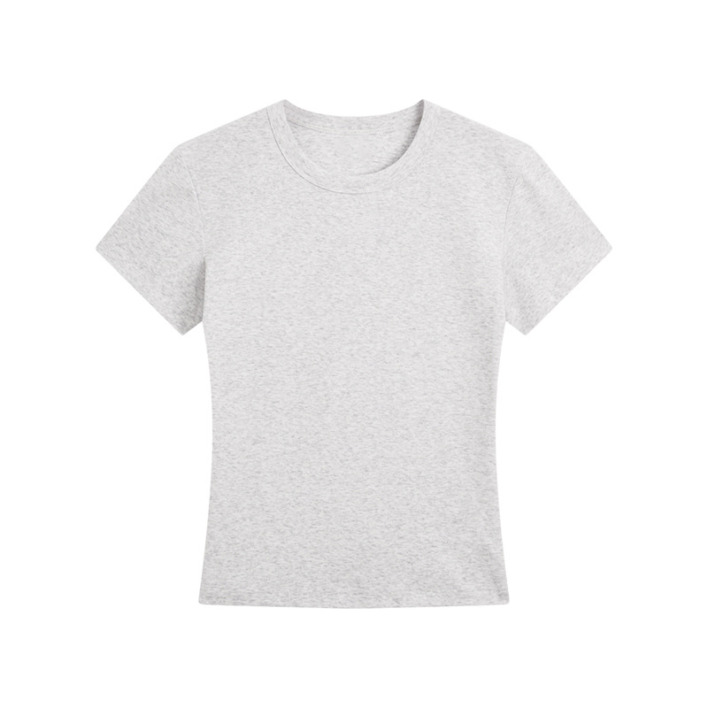 肩の半袖のtシャツの女性のフランスの丸首の2025夏の短いタイプの弾力の修身のギャルの風はやせている短い上着の女性を現します。