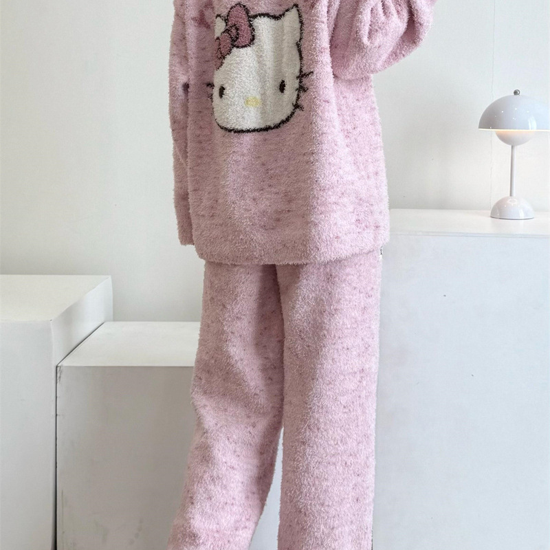 软糯甜美少女可爱凯蒂猫半边绒睡衣女冬季新款保暖加厚家居服套装|undefined