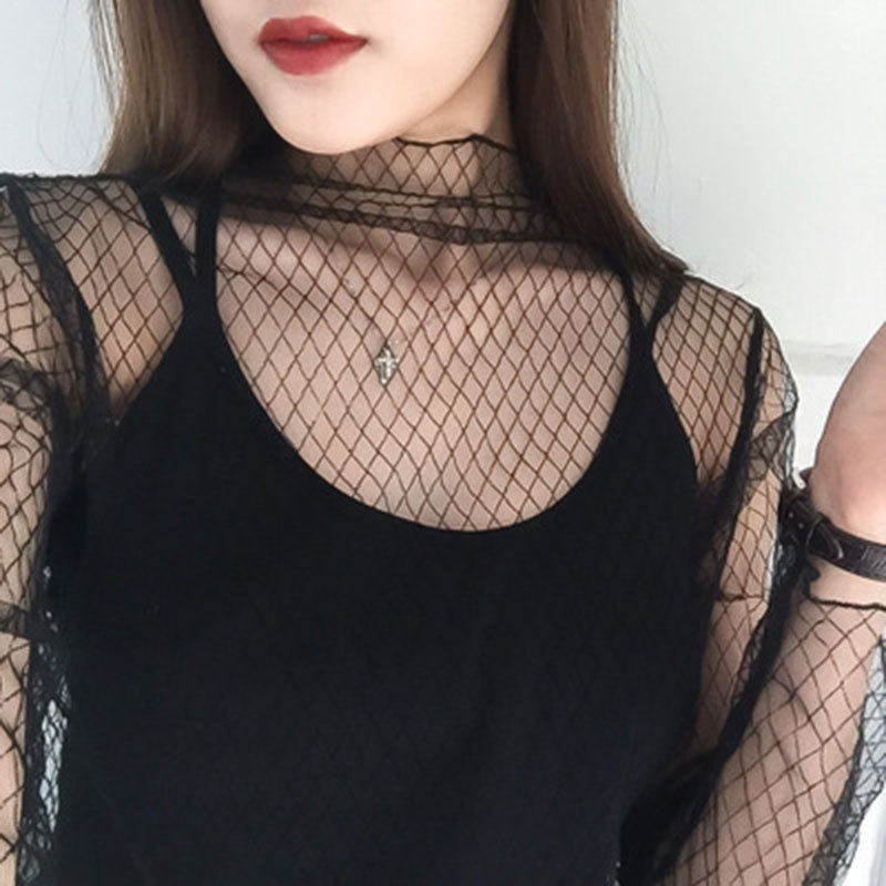 Hollow-out Mesh Top Women's Perspective Sexy Transparent Mesh Fishing Net Long-sleeved Inner Mesh Black Lace Base Shirt