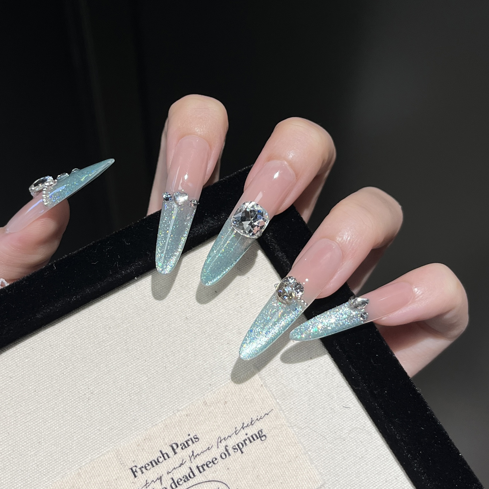 Luz de lujo puro deseo francés ojo de gato francés flash gran diamante perro fino 4.0 largo desgaste a mano manicure parche una