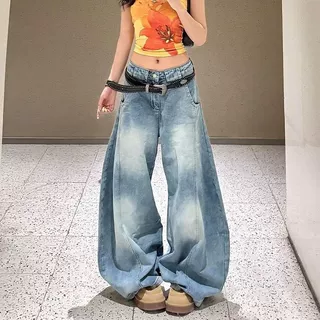 【韩牛】水洗做旧阔腿牛仔裤女春季新款辣妹百搭垂坠感显瘦弯刀裤