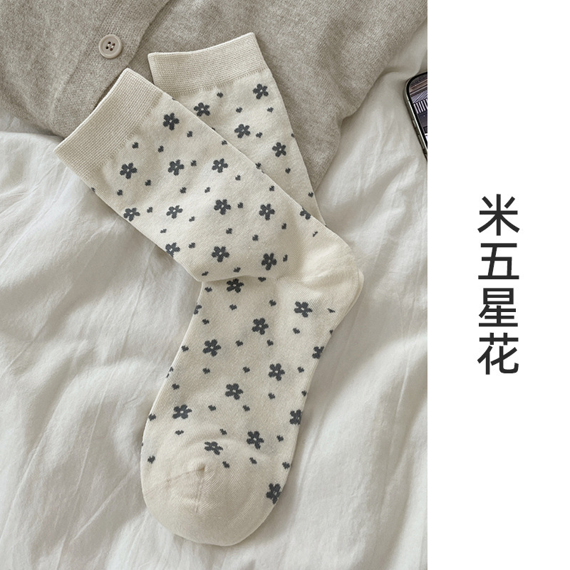 suxinaimin灰色袜子女中筒袜ins潮秋冬miu系小花堆堆袜蝴蝶结长袜|undefined