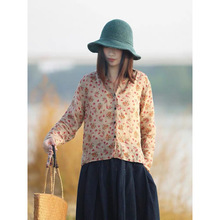 民族风复古春秋季女装新款碎花文艺复古休闲衬衫v领棉麻长袖上衣