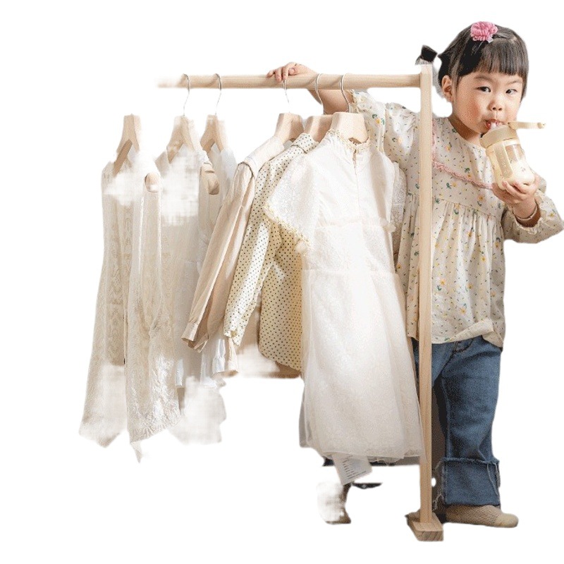 Children's solid wood clothes hanger floor for older children and girls bedroom simple baby clothes hanger kindergarten storage coat rack