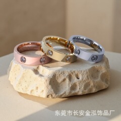 跨境KA家简约钛钢情侣戒指不掉色素圈对戒闭口一字钉戒指男女批发