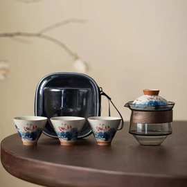 哥窑手绘旅行茶具套装便携式快客杯一壶三杯公司年会商务庆典礼品