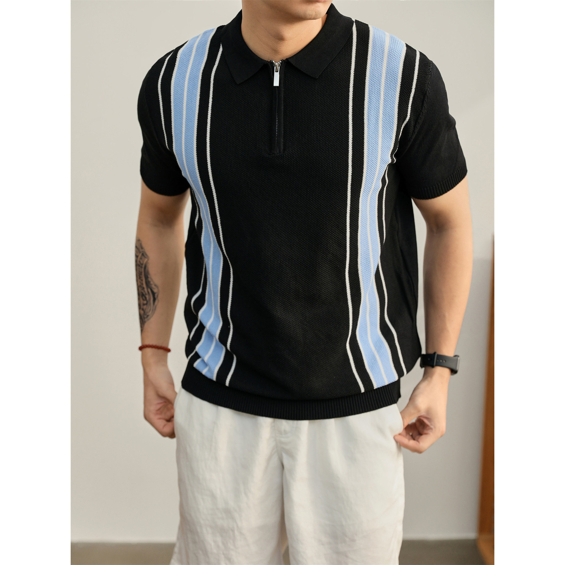 Polo camiseta de punto camiseta de manga corta hombre solapa media cremallera rayas viejas camiseta de viento de verano transfronterizo transpirable fábrica al por mayor t