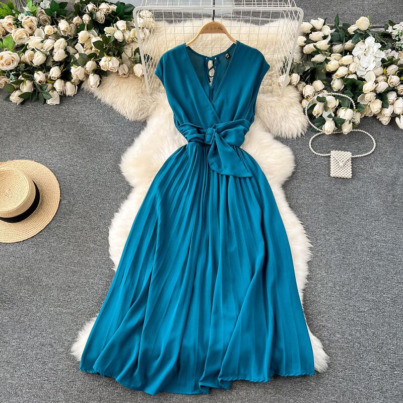 Spring and Summer New dress Goddess Style Elegant Collar Waist Slimming Mid-length Pleated Skirt Platycodon Grandiflorum Skirt Spring and Summer New dress Goddess Style Elegant Collar Waist Slimming Mid-length Pleated Skirt Platycodon Grandiflorum Skirt