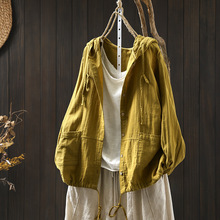 下摆抽绳连帽全棉长袖衬衫女宽松显瘦休闲百搭减龄单排扣开衫外套