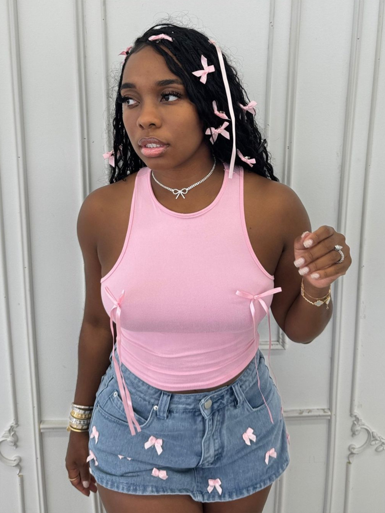 European and American New Cross-Border Fashion Slim Stretch Solid Color Sweet Bow Street Sexy Short Top Vest for Women