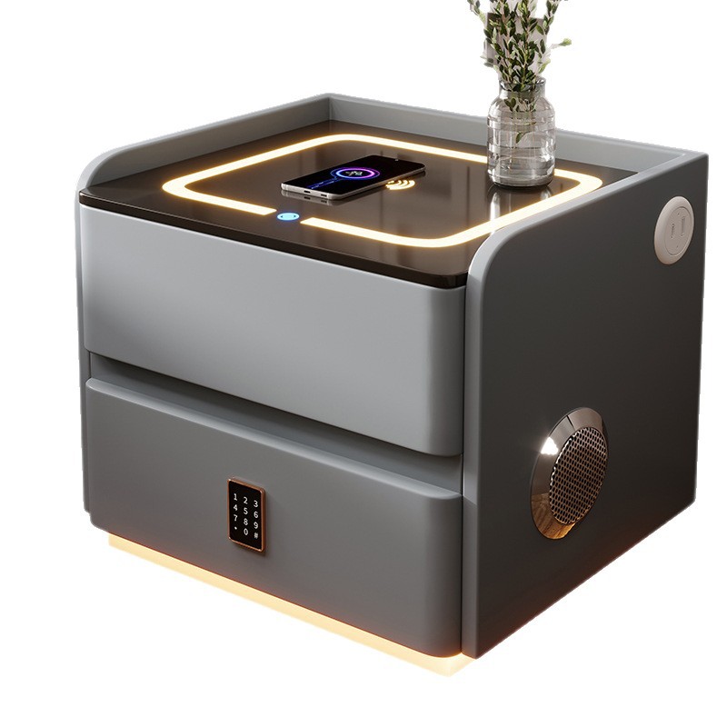 Mesita de noche inteligente de madera maciza suspendida de viento crema con luz