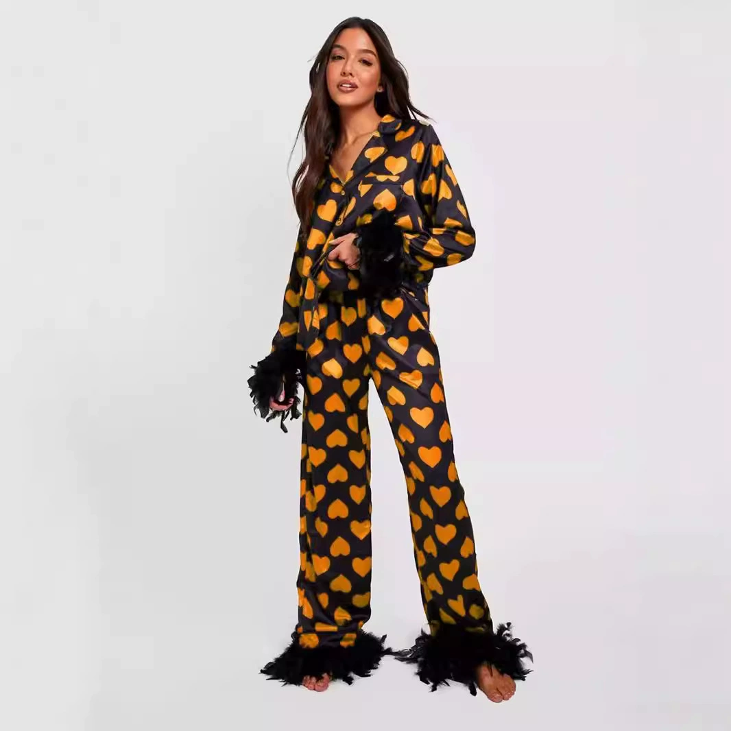 2024 осень европейская и американская ледяная шелковая пижама модная страусиная рубашка брюки длинные брюки свободные из двух частей перья домашняя одежда женщина