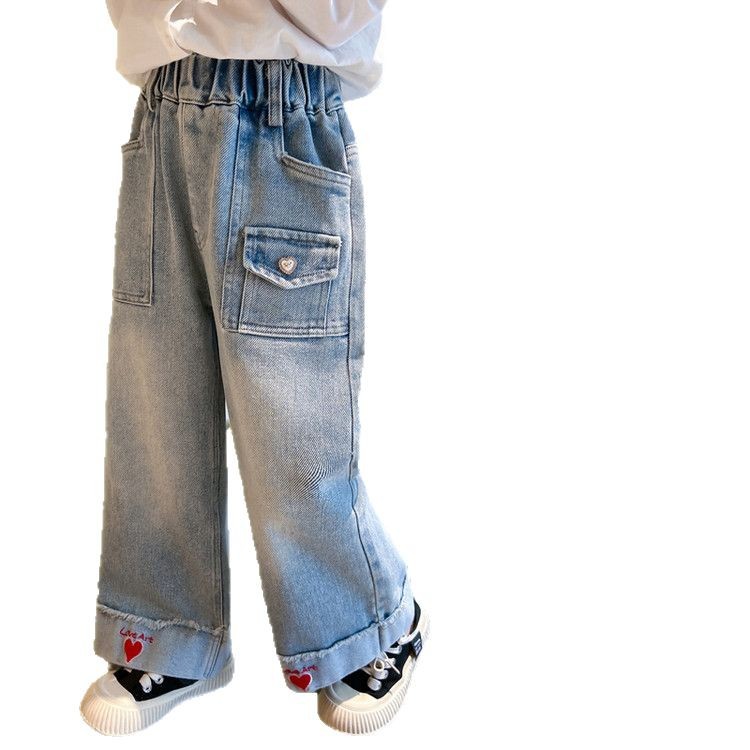 X002 Girls' And Children's Love Embroidered Jeans New Children's Miscellaneous European And American Jeans_viptrois.com