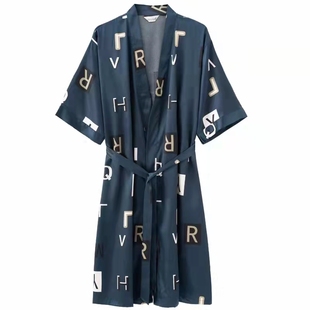 Silk Nightgown Men's Summer Short-Sleeved Thin Ice Silk Sexy Bathrobe Men's Mid-Length Kimono Pajamas Large Size Home Clothes