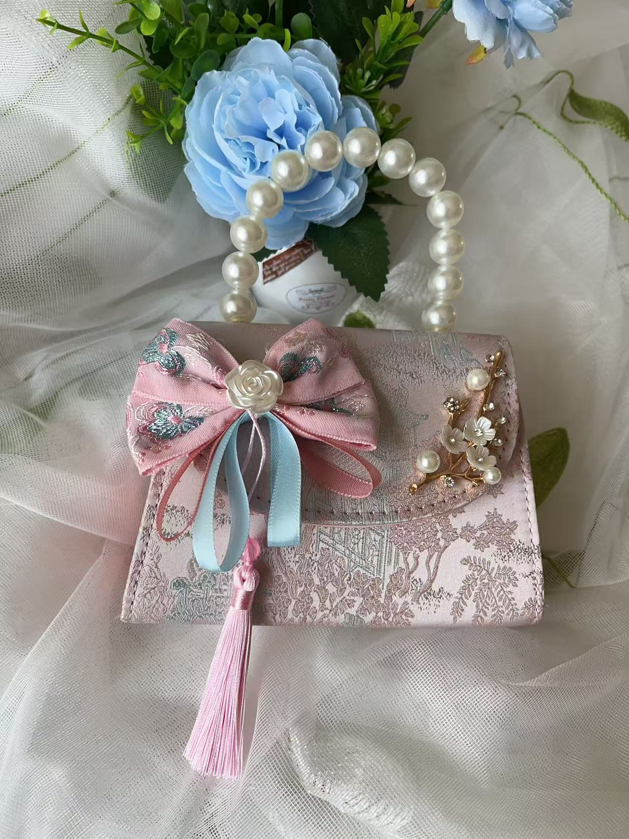 Bolso de princesa de niñas 2025, otoño nueva chica lindos bordillos de encaje mochila bolso de perlas de estilo chino Aisha