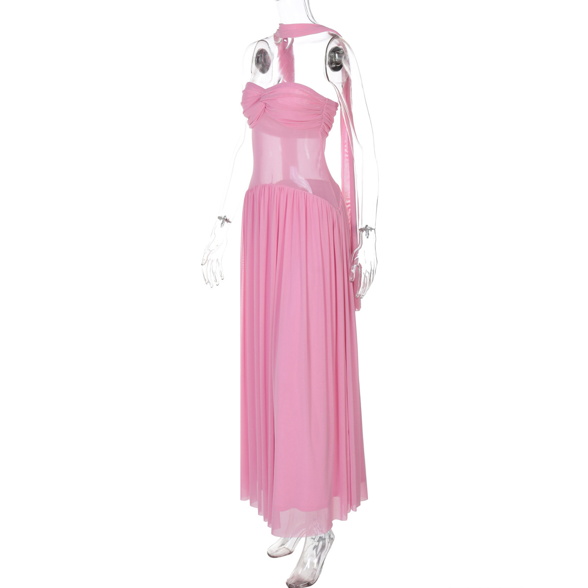 Women Clothing Summer Sexy Tube Top off Neck Mesh See through Mid Length Ribbon Dress