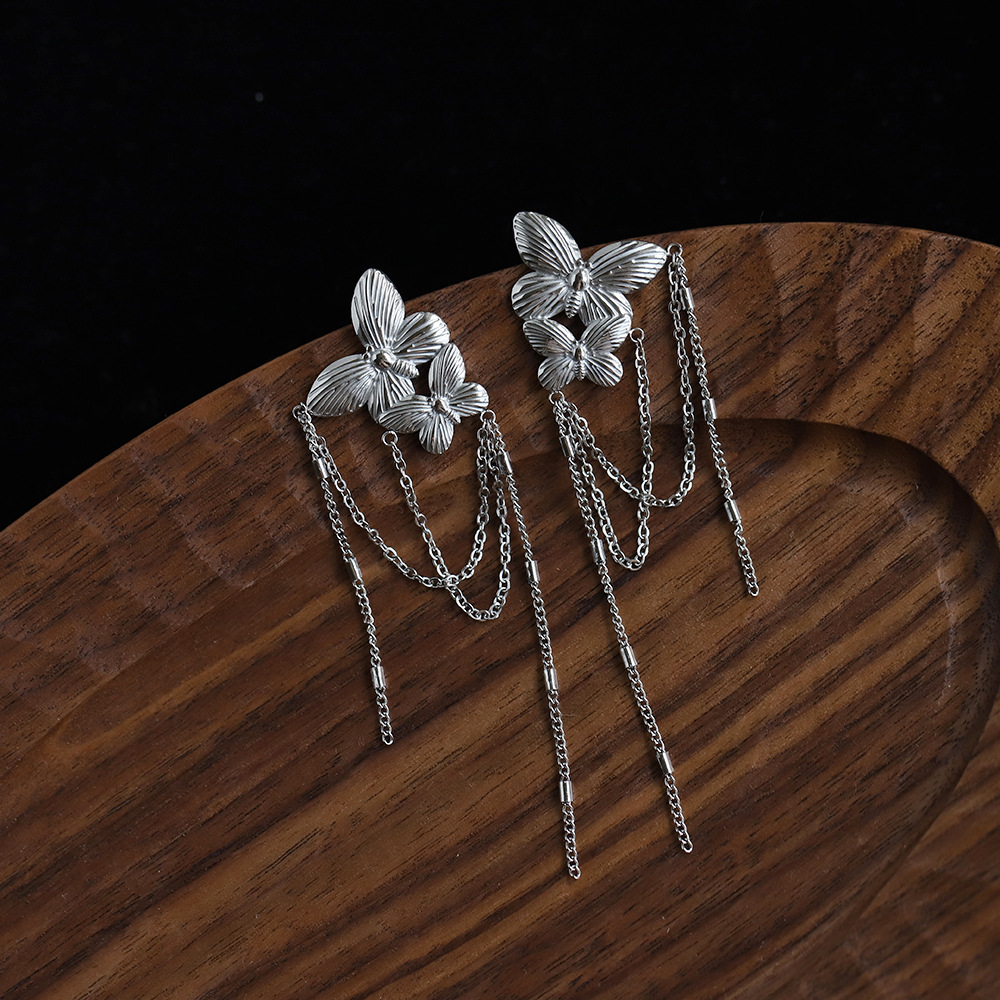 Steel Color Butterfly Tassel Stainless Steel Earrings