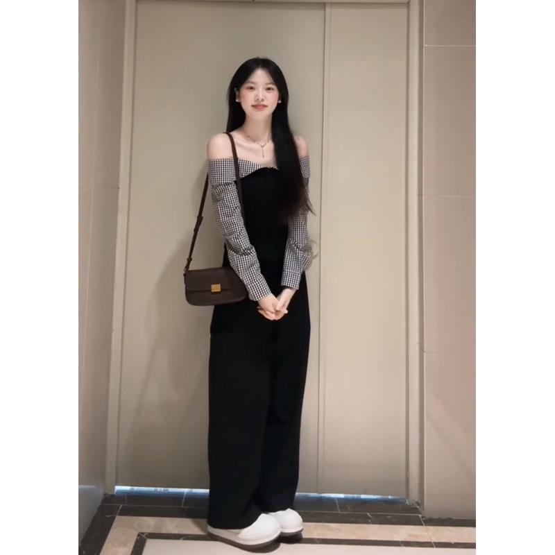 2025早秋新款女韩系穿搭一字肩拼接格纹上衣气质高腰显瘦阔腿长裤|undefined