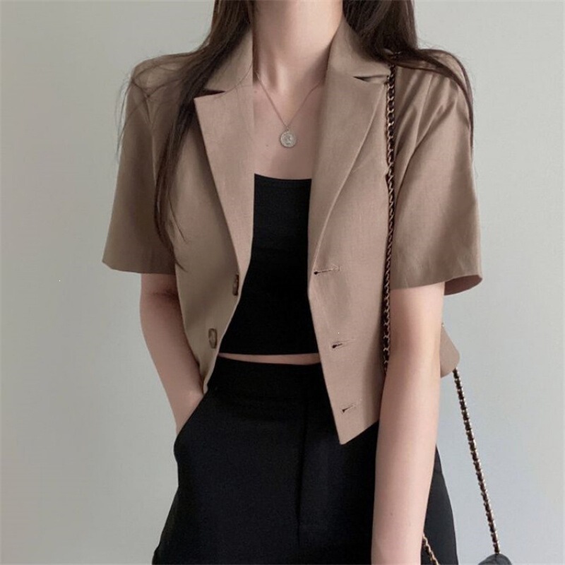 Korean-style casual short-sleeved solid color blazer for women, summer thin loose-fitting short jacket, stylish coat for petite women Korean-style casual short-sleeved solid color blazer for women, summer thin loose-fitting short jacket, stylish coat for petite women