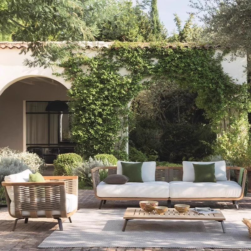 Fábrica personalizada sofá al aire libre patio teca caña sofá grupo villa caña sofá jardín ocio muebles al aire libre