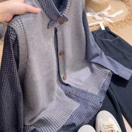 韩系圆领针织开衫马甲格子衬衫两件套女秋装新款毛衣背心叠穿上衣
