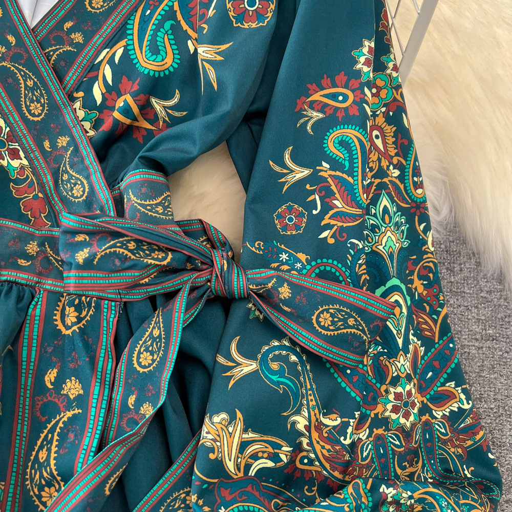Retro Court Style Lantern Dress Long Sleeved V Neck Belted a Line Printed Elegant Full Skirt for Women_ecoleips.com